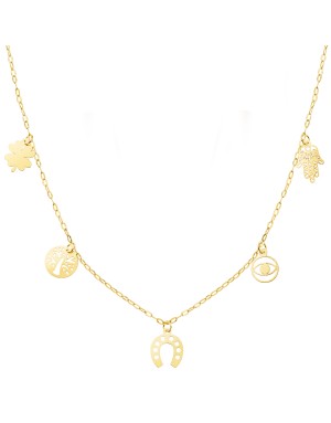 18K GARGANTILLA ORO AMARILLO CON COLGANTES DE LA SUERTE CADENA FORZADA 42   3 CM