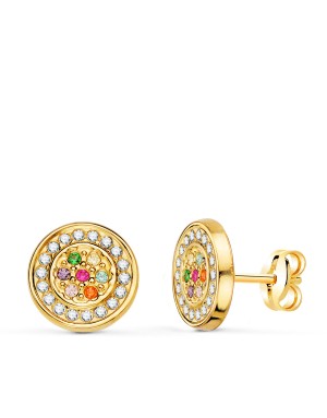 18K PENDIENTES ORO AMARILLO REDONDOS CON CIRCONITAS MULTICOLOR 9 MM. CIERRE PRESION