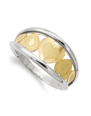 18K SORTIJA ORO BICOLOR CORAZONES MATE Y BRILLO 9 MM CUERPO 2 MM