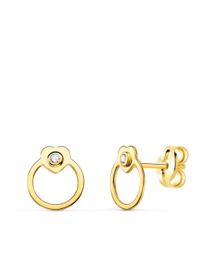 18K PENDIENTES ORO AMARILLO REDONDOS CON CORAZON Y CIRCONITA. CIERRE PRESION 7 X 6 MM