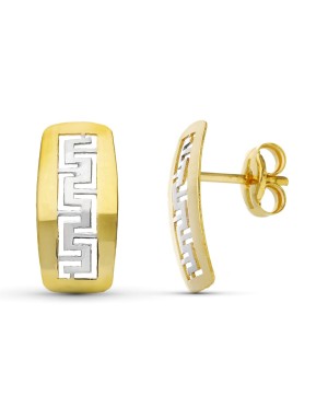 18K PENDIENTES ORO BICOLOR GRECA BRILLO 11X5.5 MM CIERRE PRESION