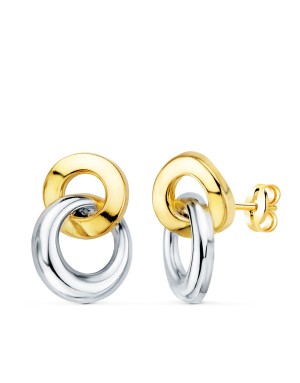 18K PENDIENTES ORO BICOLOR DOBLE ARO BRILLO 13 X 10 MM. CIERRE PRESION