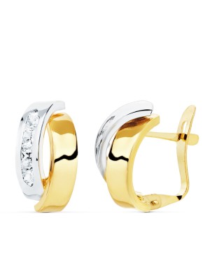 18K PENDIENTES ORO BICOLOR BANDAS Y CIRCONITAS 15X8 MM