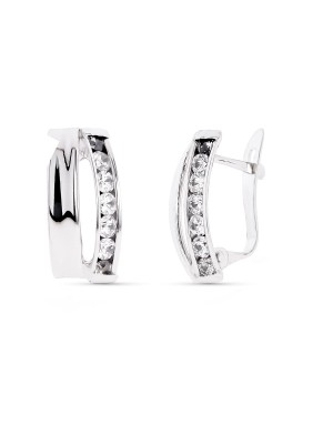 9K PENDIENTES ORO BLANCO BANDAS CON CIRCONITAS 14X7 MM CIERRE CATALAN