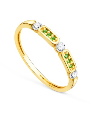 18K SORTIJA ORO AMARILLO CON CIRCONTIAS VERDES Y BLANCAS. ANCHO 2.5MM