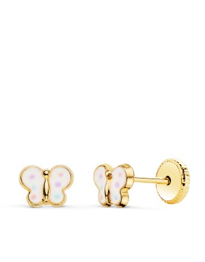 18K PENDIENTES ORO AMARILLO MARIPOSA ESMALTE 6 X 4,5 MM CIERRE TUERCA