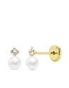 18K PENDIENTES ORO AMARILLO PERLAS Y CIRCONITAS EN GARRAS 6 X 3.5 MM. CIERRE TUERCA