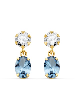18K PENDIENTES ORO AMARILLO DOS CUERPOS CON CIRCONITA Y AGUAMARINA OVAL 16 X 5MM. CIERRE PRESION