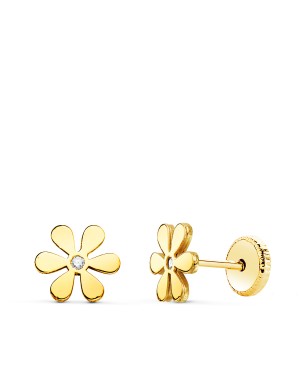18K PENDIENTES ORO AMARILLO FLOR 6 PETALOS Y CIRCONITA 6X6MM. CIERRE TUERCA