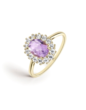 SORTIJA ORO AMARILLO CUAJO CIRCONITAS CON AMATISTA OVAL 8*6                                         