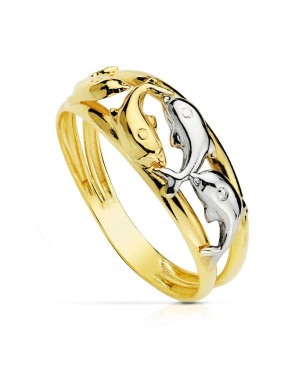 18K SORTIJA ORO BICOLOR CON DELFINES EN BRILLO. ANCHO CUERPO: 8 MM