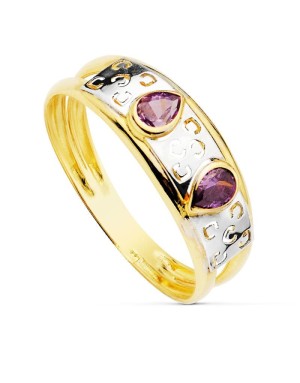 18K SORTIJA BICOLOR PIEDRAS AMATISTA 4X3 MM