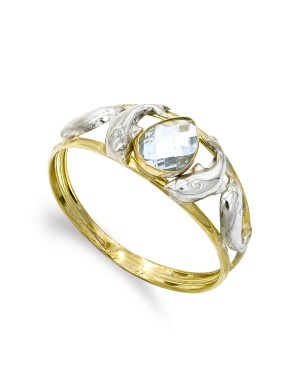 9K SORTIJA ORO BICOLOR DOBLE CUERPO DELFINES CON CIRCONITA AGUAMARINA. ANCHO: 8,5 MM