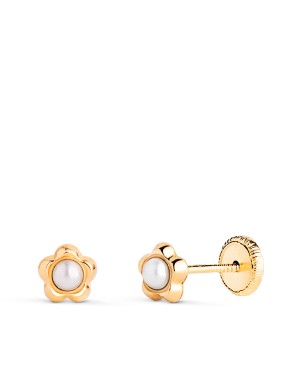 18K PENDIENTES ORO AMARILLO FLOR CON PERLAS DE 2,4MM. MEDIDA: 5,3 X 5MM. CIERRE TUERCA