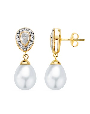 18K PENDIENTES ORO BICOLOR DOS CUERPOS CON PERLAS Y CIRCONITA 25 X 8MM PRESION