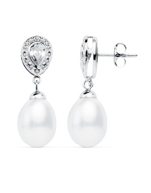 18K PENDIENTES ORO BLANCO PERLA 27X9 MM CIERRE PRESION